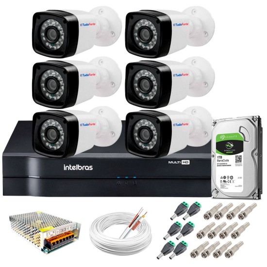 Kit 6 Câmeras + DVR Intelbras + HD 1 TB + App de Monitoramento, Câmeras HD 720p 20m Infravermelho de Visão Noturna + Fonte, Cabos e Acessórios
