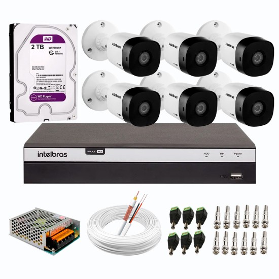 Kit 6 Câmeras de Segurança Full HD Intelbras VHD 1220 B G6 + DVR Intelbras 08 Canais Full HD MHDX 3108 + HD WD Purple 2TB + Acessórios