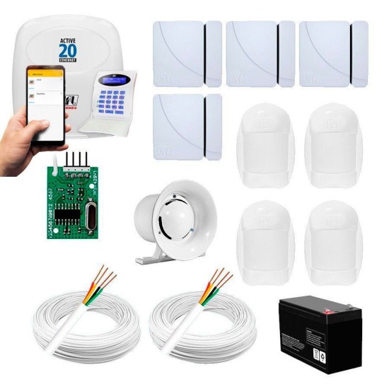 Kit Alarme JFL 8 sensores Residencial e Comercial, via Internet, Active 20 Ethernet