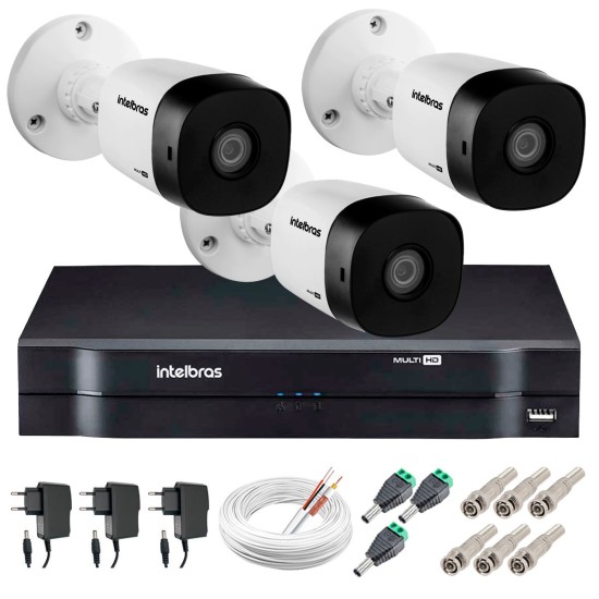 Kit 3 Câmeras VHD 1010 B G5 + DVR Intelbras + App Grátis, HD 720p 10m Infravermelho + Cabos e Acessórios