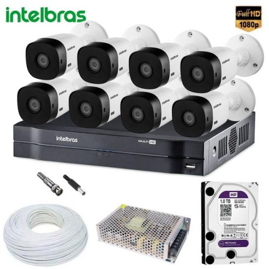 Kit 8 Câmeras Full HD Intelbras VHL 1220 Bullet 1080p Completo Com DVR MHDX 1108
